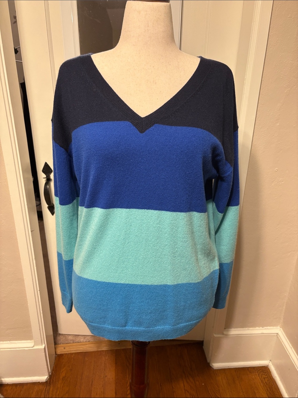 Talbots Striped V-Neck Sweater in Navy, Royal Blue and Aqua